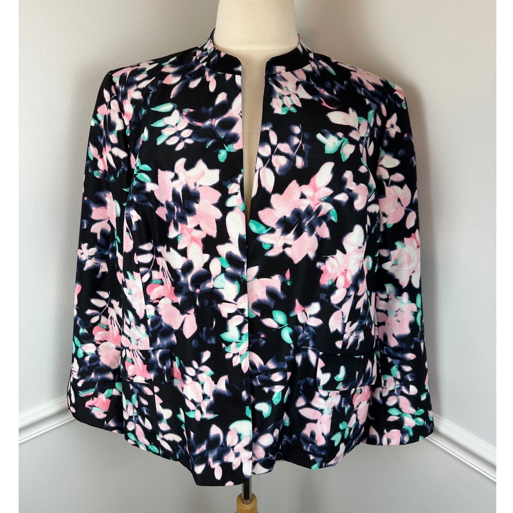 KASPER Plus Black Multi Floral Collarless Open-Front Blazer Jacket | Size 24W